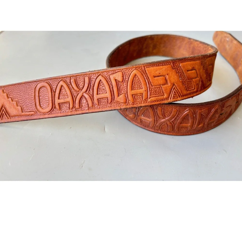 Oaxaca Tooled Leather Belt Brown Geometric Handcrafted Southwestern